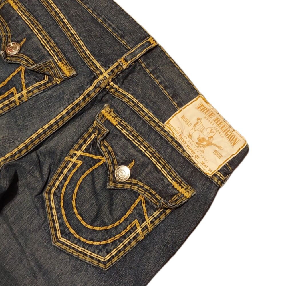 True Religion Super QT Gold Yellow Green Stitching Contrast Stitch Sz38 Darkwash